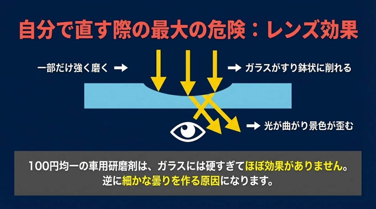 自分で直す際の最大の危険:レンズ効果 一部を強く磨くことでガラスがすり鉢状に削れるレンズ効果