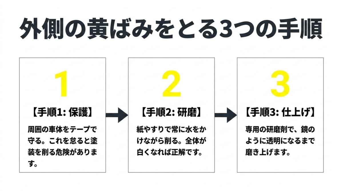 保護テープ、紙やすりでの研磨、専用研磨剤での仕上げという外側の黄ばみをとる3つの手順