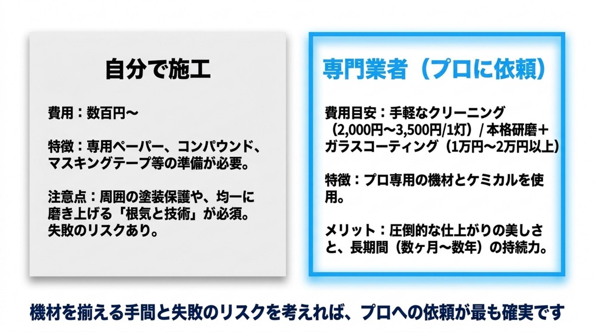 ヘッドライト黄ばみ取りの自分で施工と専門業者の費用・特徴比較