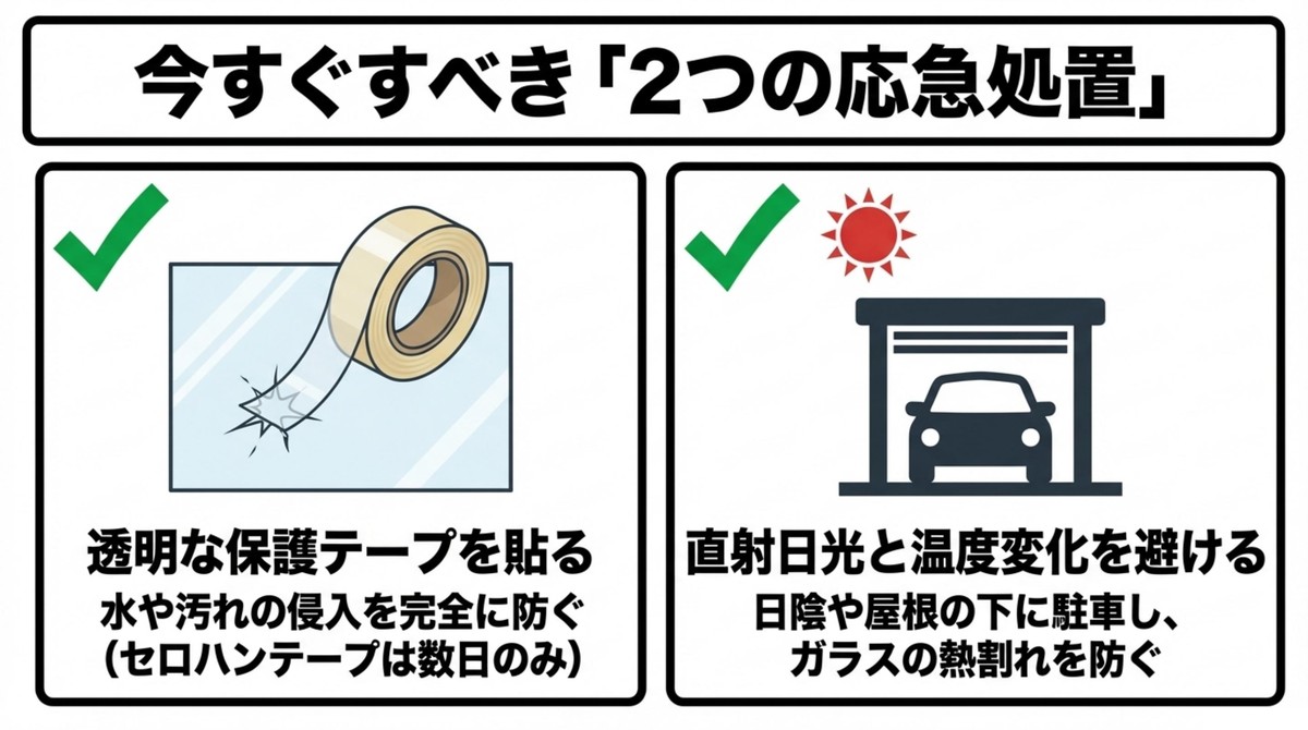透明な保護テープと温度管理によるフロントガラスの応急処置