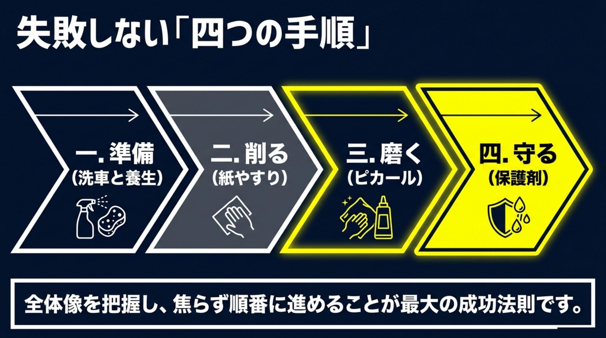 準備、削る、磨く、守るの4つの手順の全体像