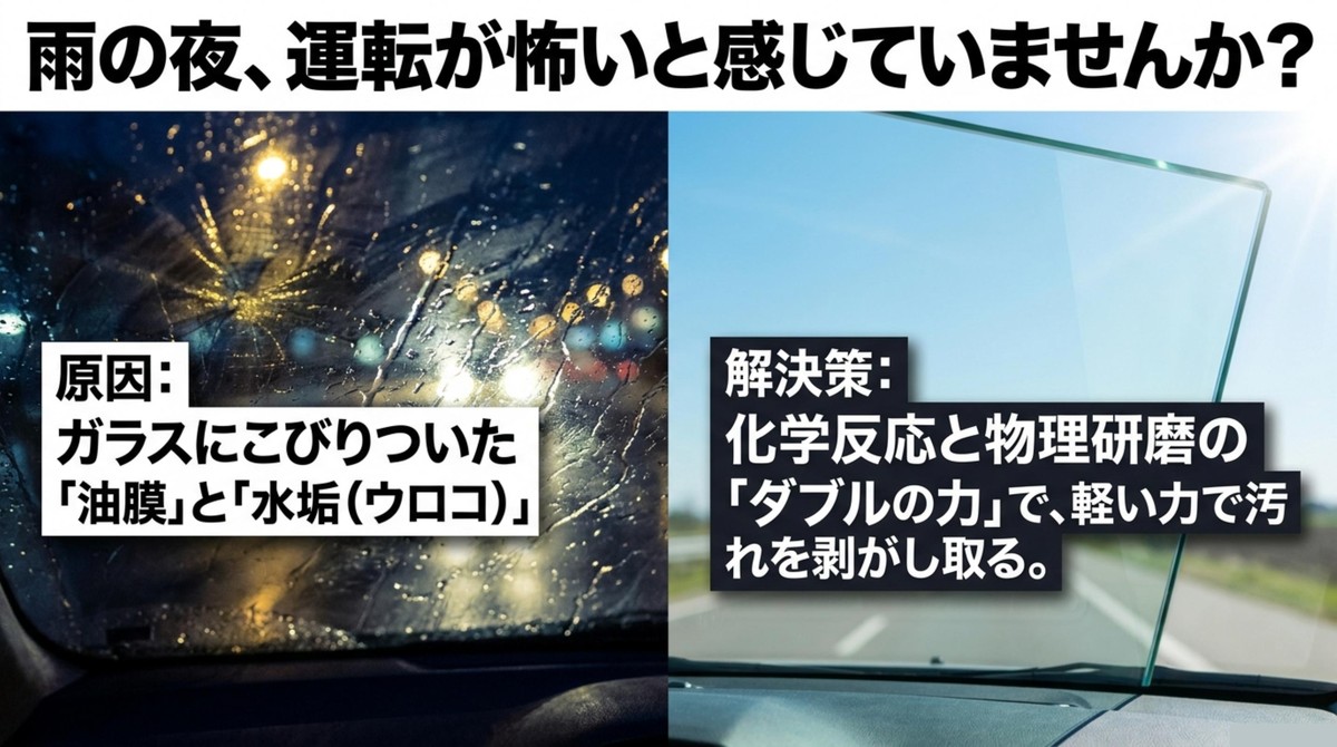 雨の夜の運転が怖い原因である油膜と水垢をダブルの力で解決