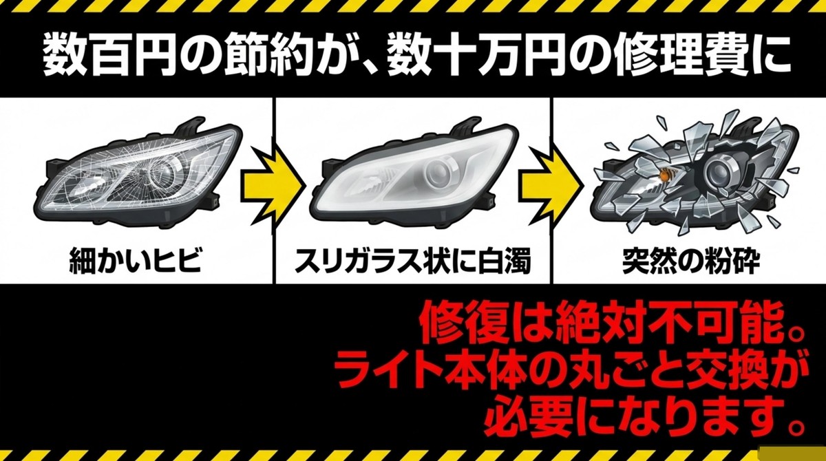 アルカリ電解水による細かいヒビからスリガラス状の白濁、突然の粉砕へと至り、修復不可能でライト丸ごとの交換が必要になる過程 [cite: 18, 19, 20, 21, 22]