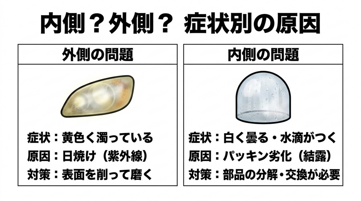 ヘッドライトの黄ばみ（外側）と結露・曇り（内側）の症状と原因の違い