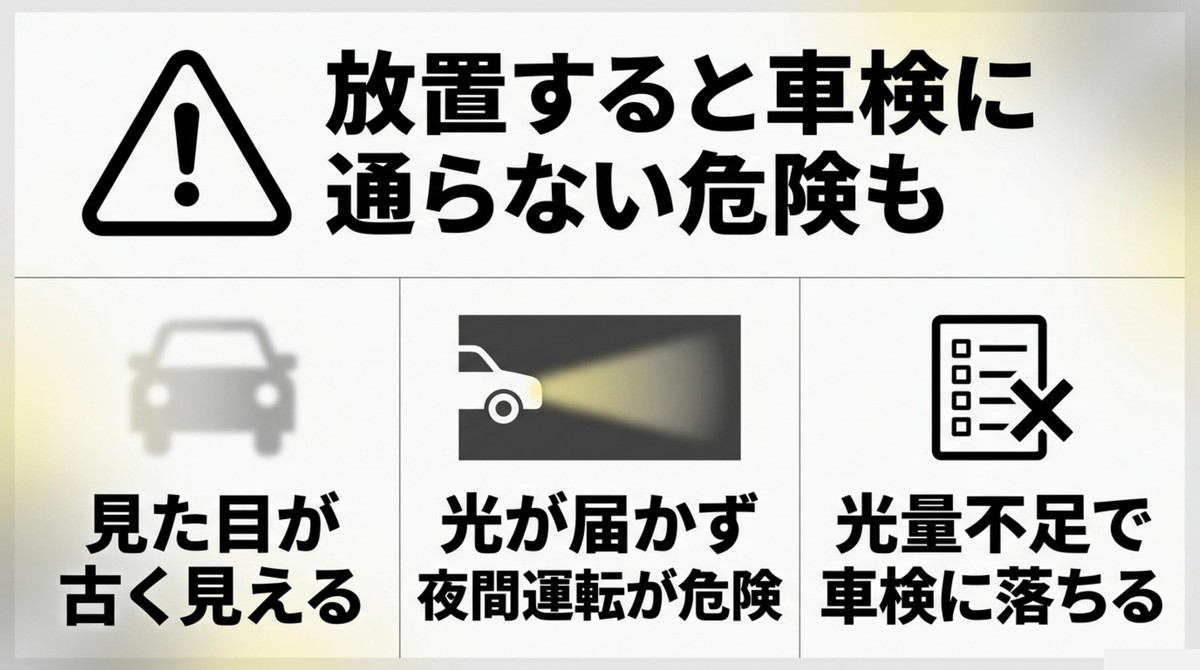 ヘッドライトの黄ばみを放置すると車検に通らない危険性や夜間運転の危険性を解説する図