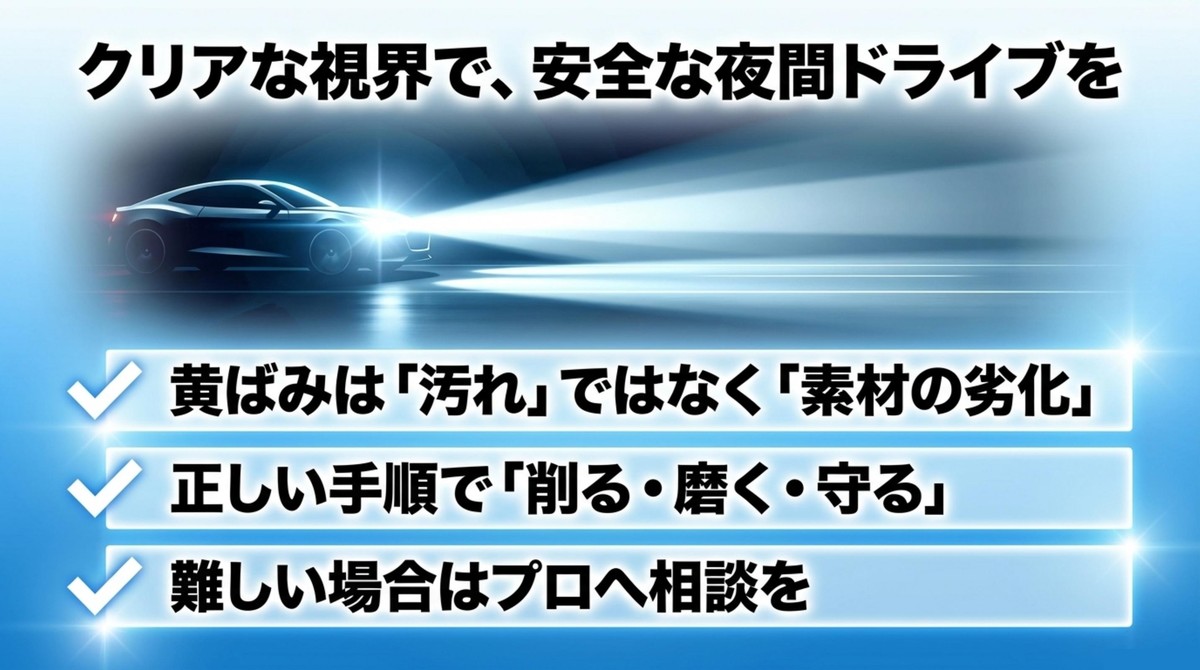 ヘッドライト黄ばみ対策のまとめ。正しい手順で修復し安全なドライブを促すメッセージ