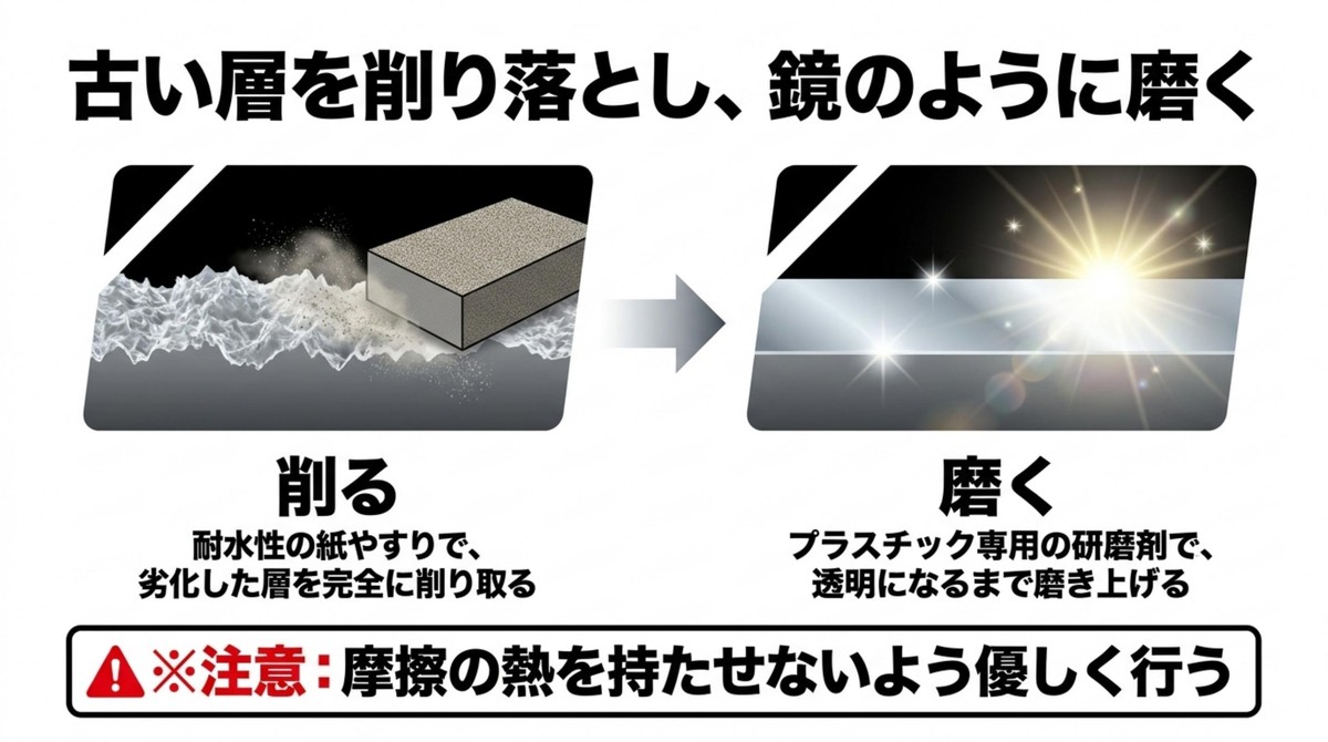耐水ペーパーで削り、コンパウンドで鏡のように磨き上げる研磨工程のイメージ