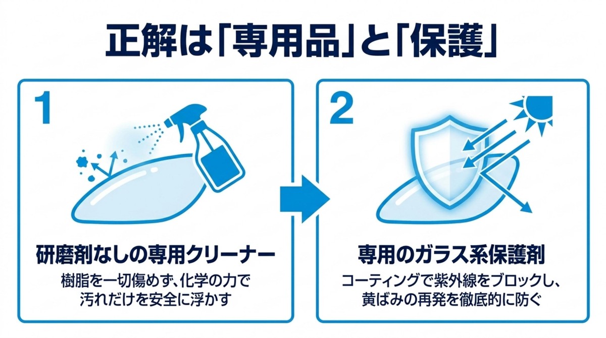 研磨剤なしの専用クリーナーで汚れを浮かし、専用のガラス系保護剤で紫外線をブロックする正しい対策の解説 [cite: 29, 30, 31, 32, 33]
