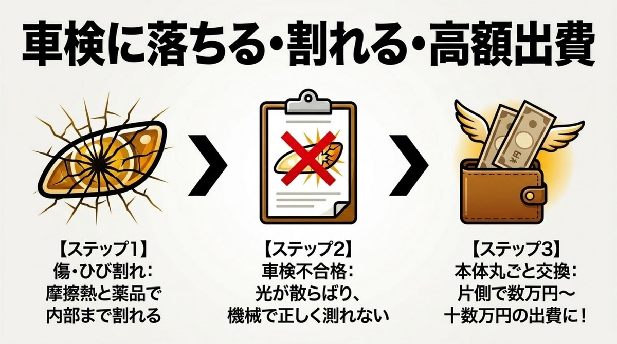 ひび割れによる車検不合格と本体丸ごと交換による高額出費のステップ