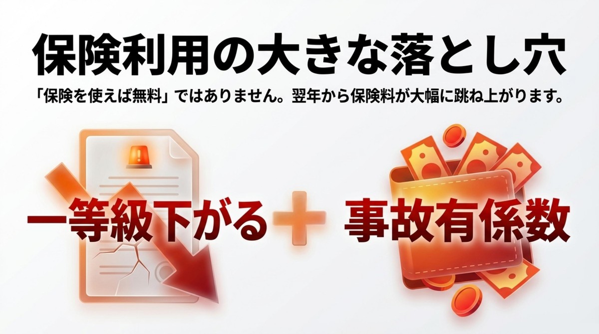 保険利用の落とし穴:1等級ダウンと事故有係数 保険利用で1等級下がり、事故有係数が適用され翌年の保険料が上がる落とし穴