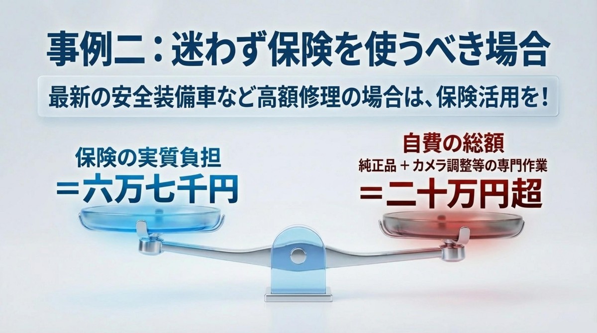 事例2:迷わず保険を使うべきケース 最新安全装備車などで総額20万円を超える場合、保険利用が有利になる事例