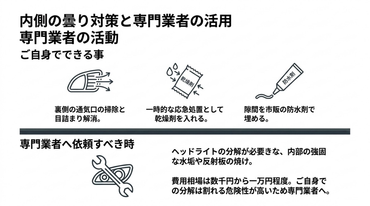 通気口の掃除や乾燥剤・防水剤の使用による内側の曇り対策と専門業者へ依頼すべき状態