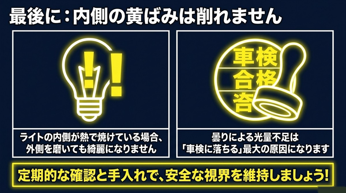 内側の黄ばみは削れないという注意書きと、光量不足による車検不合格の警告