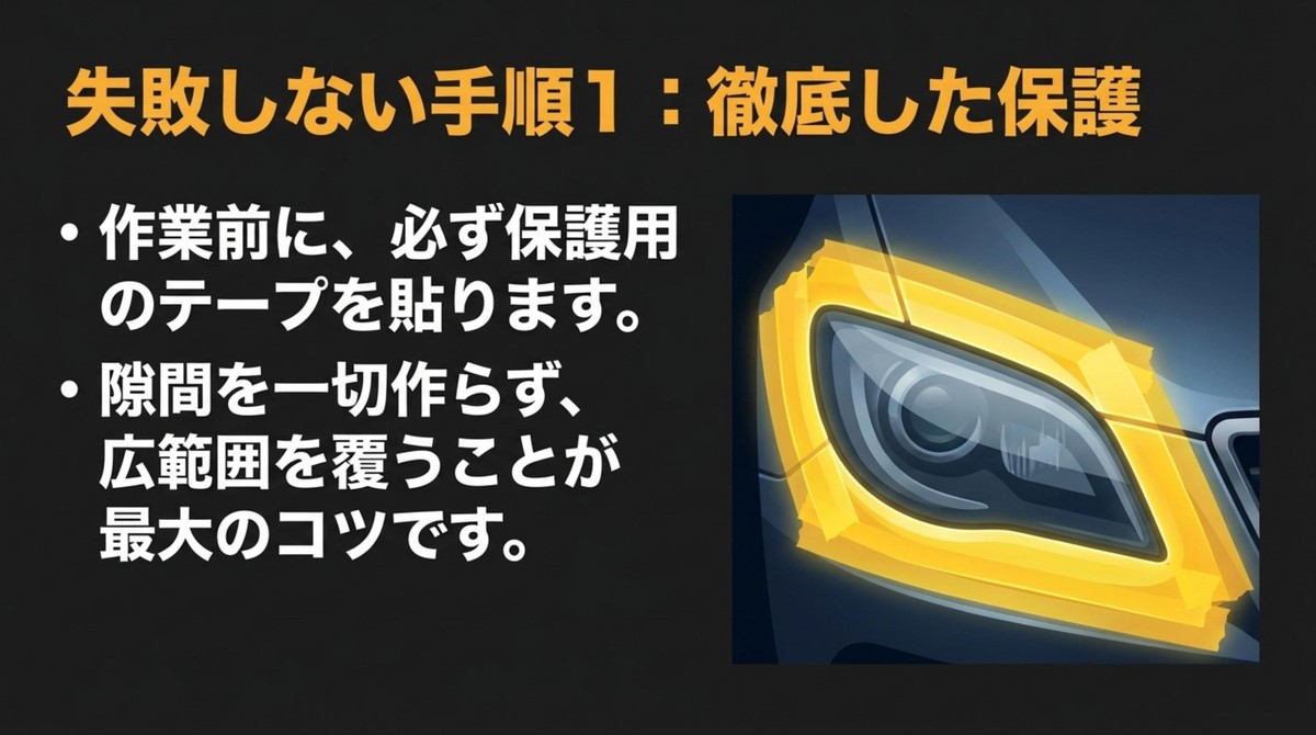 マスキングテープでヘッドライト周辺の広範囲を隙間なく覆う保護作業