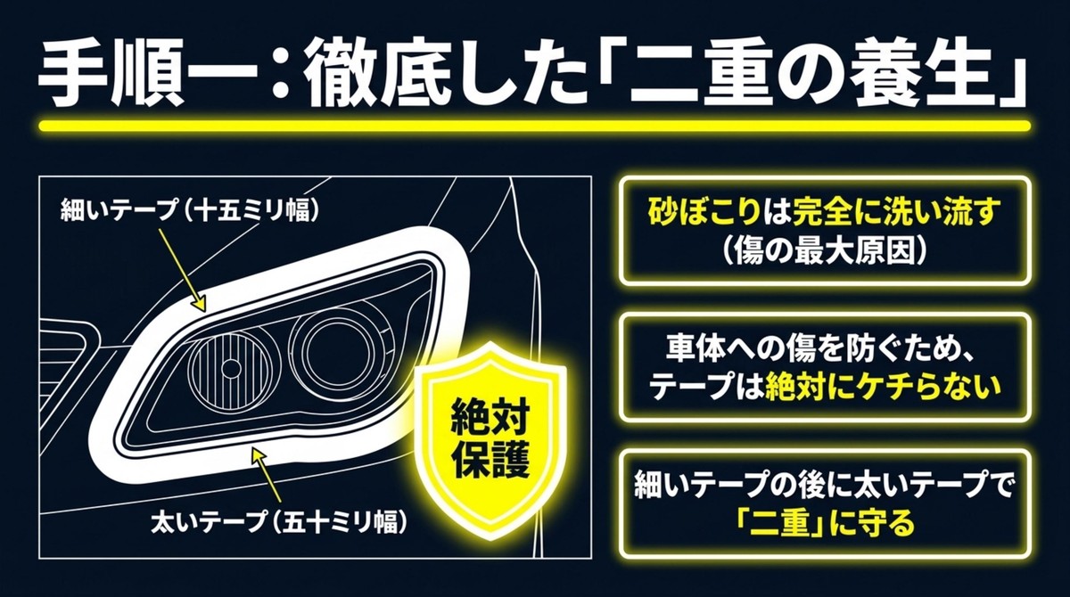 細いテープと太いテープを使った二重のマスキング養生の方法
