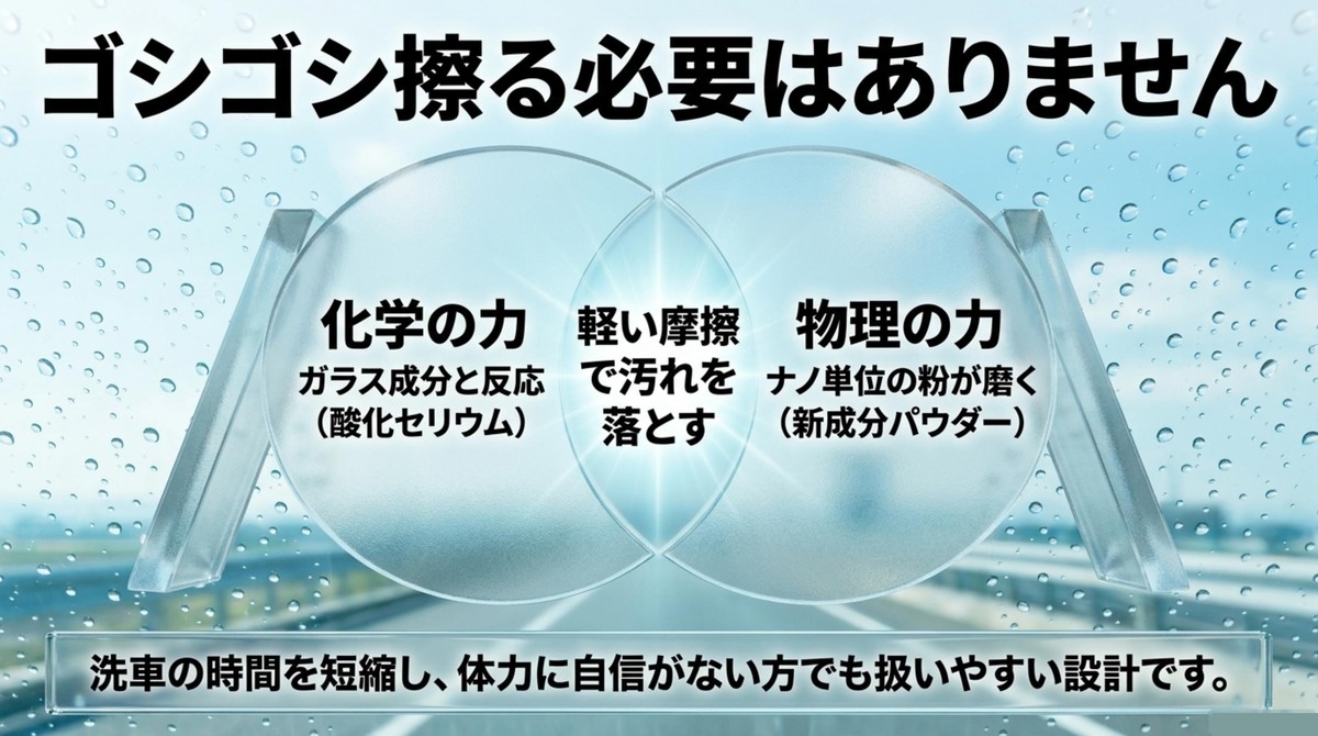 酸化セリウムと新成分パウダーによる化学と物理のダブル研磨メカニズム