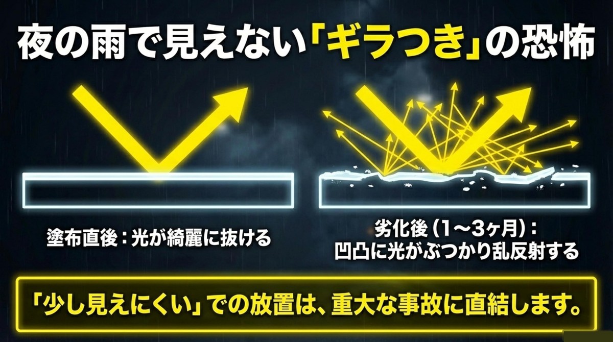 劣化後のコーティングの凹凸に光がぶつかり乱反射することで発生する夜の雨のギラつきの恐怖