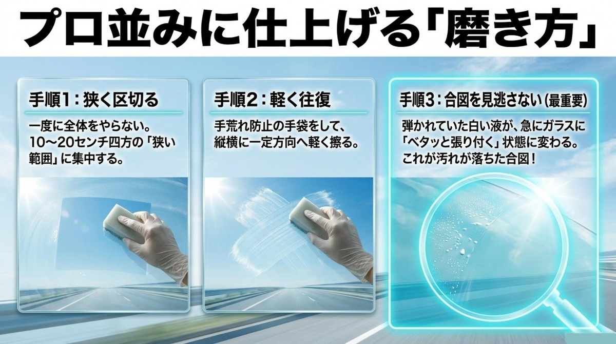 狭い範囲を軽く往復して磨くプロ並みの仕上げ手順