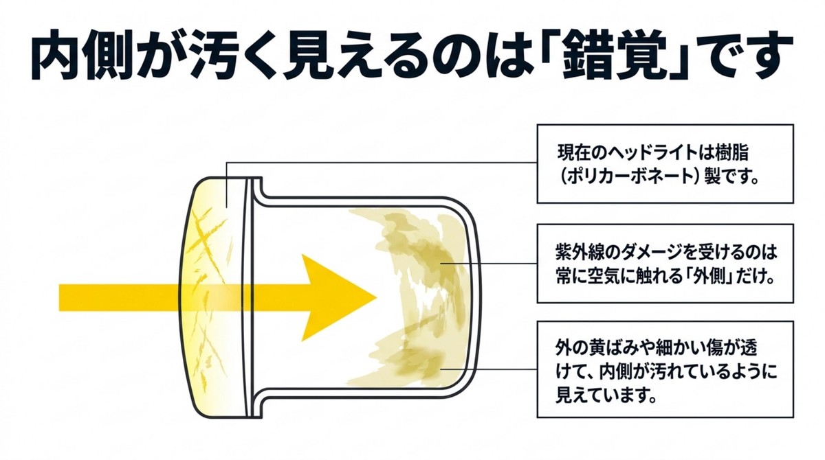 樹脂製ヘッドライトの外側の黄ばみが透けて内側が汚れて見える錯覚の図解
