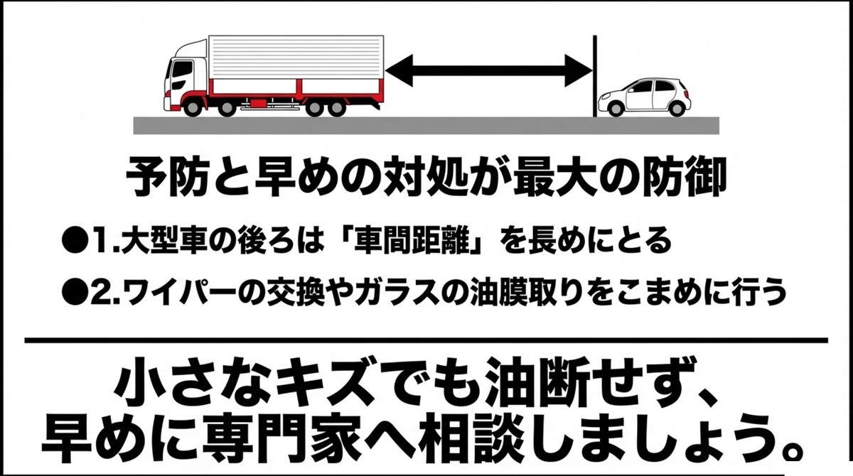 大型車との車間距離確保などフロントガラス飛び石の予防策