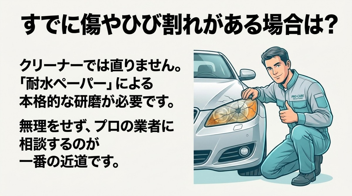 ひび割れたヘッドライトを点検する整備士と耐水ペーパーによる本格研磨の必要性