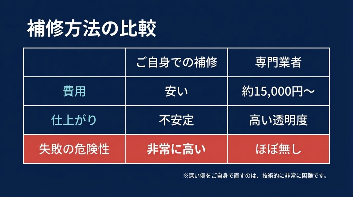 補修方法の比較 自身での補修と専門業者への依頼の費用・仕上がり比較