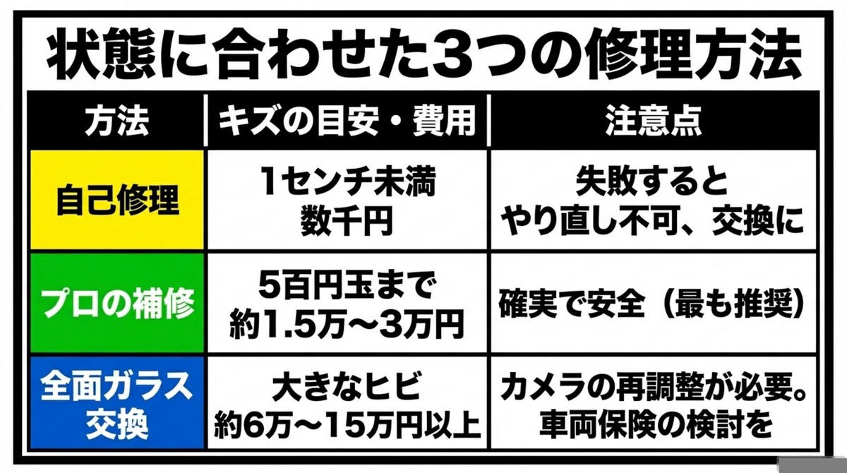 状態に合わせたフロントガラスの自己修理・プロ補修・交換の比較