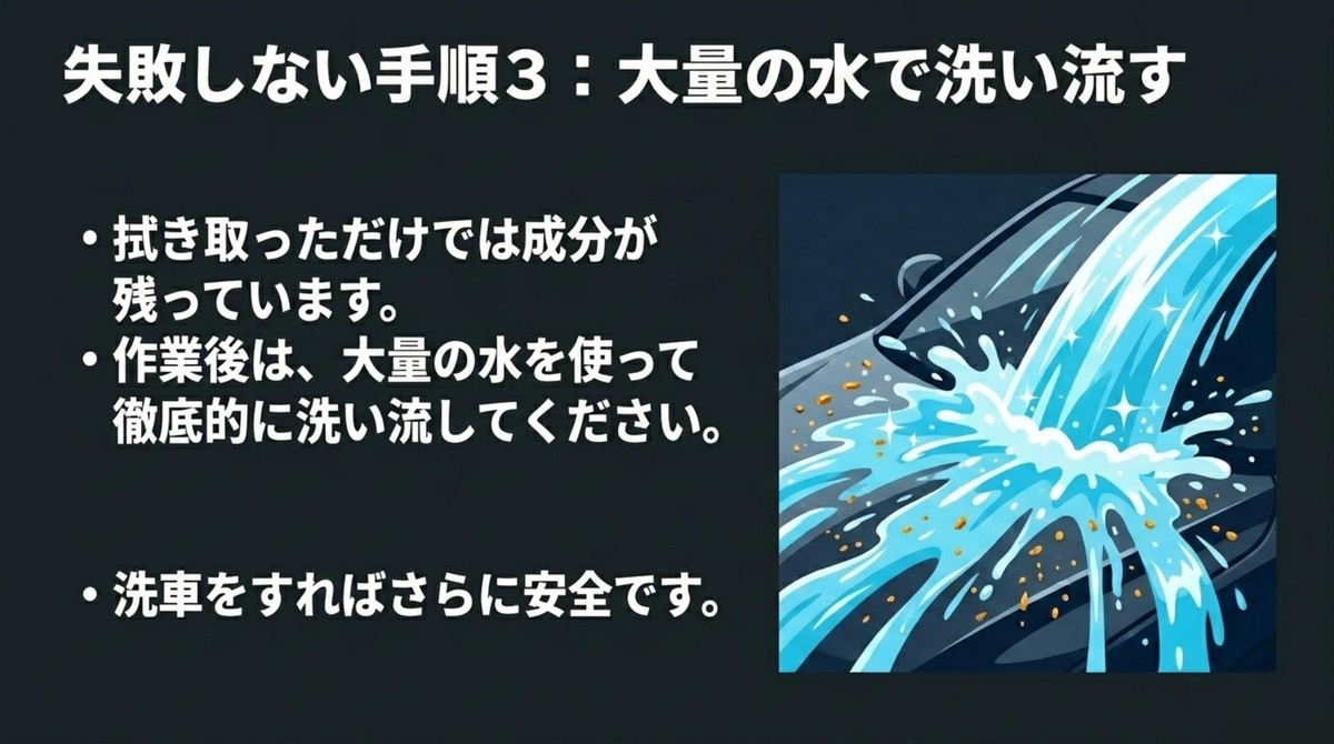 大量の流水を使って残った成分を徹底的に洗い流す様子