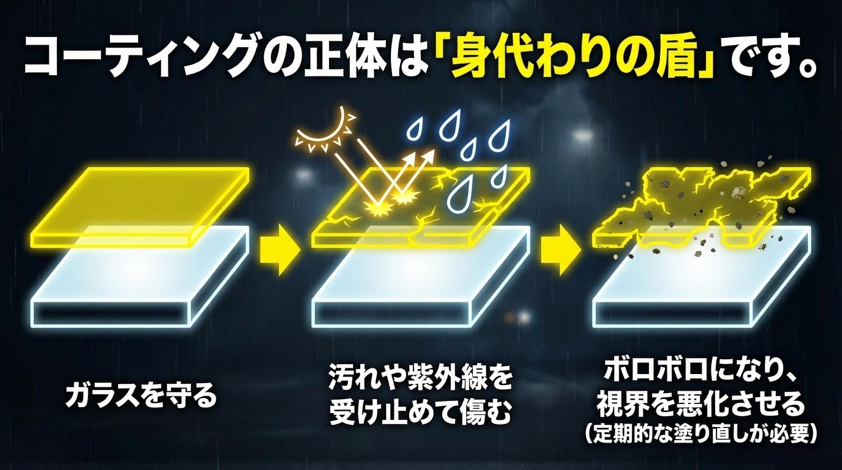 コーティングの正体は身代わりの盾であり、汚れや紫外線を受け止めてボロボロになる仕組み