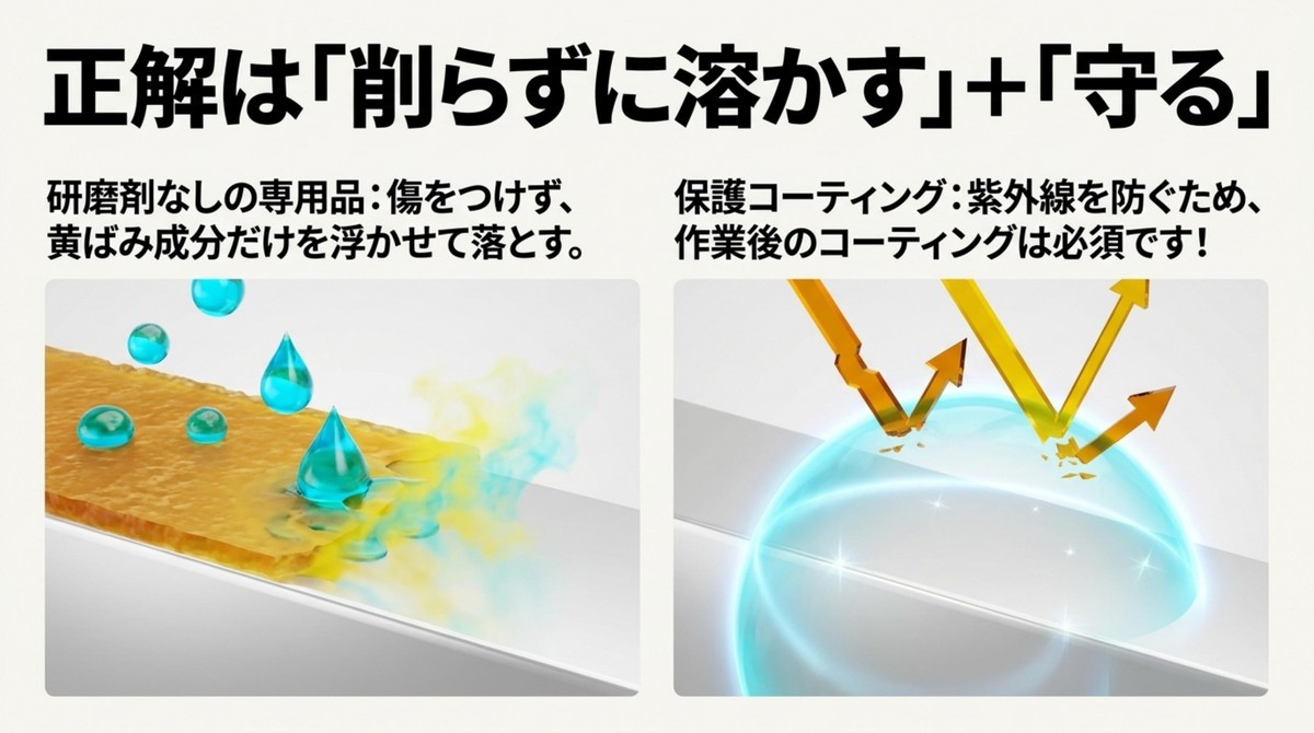 研磨剤なしの専用クリーナーによる化学的な汚れ分解と保護コーティングの図解