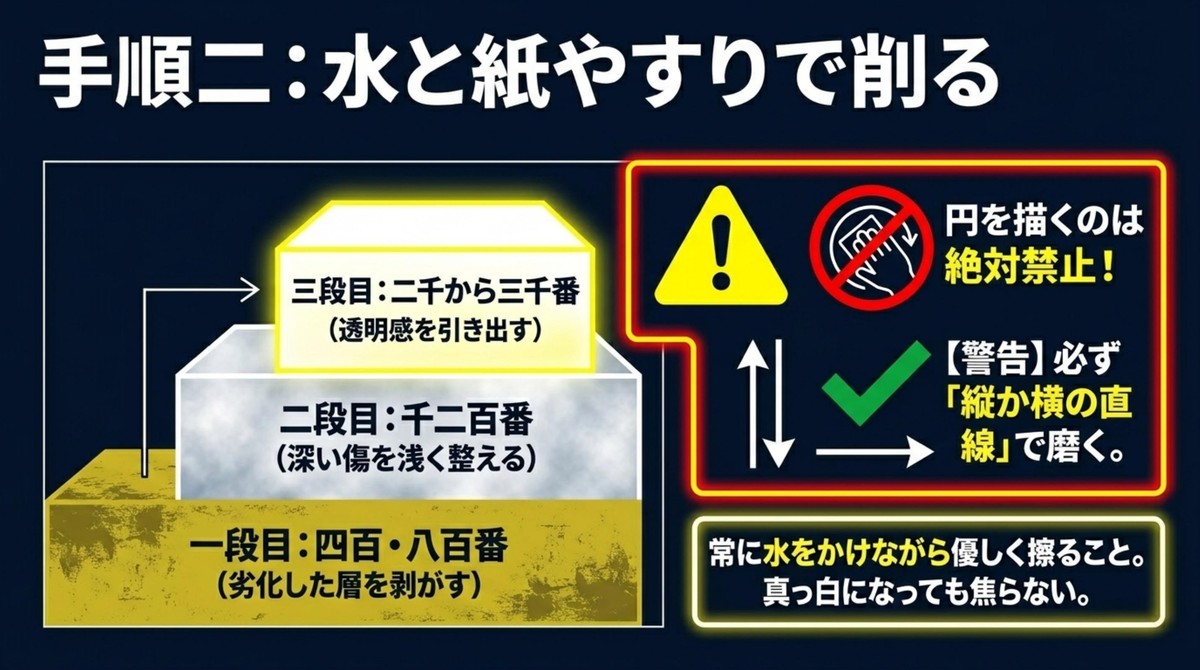 400番から3000番までの耐水ペーパーを使った段階的な研磨の図解