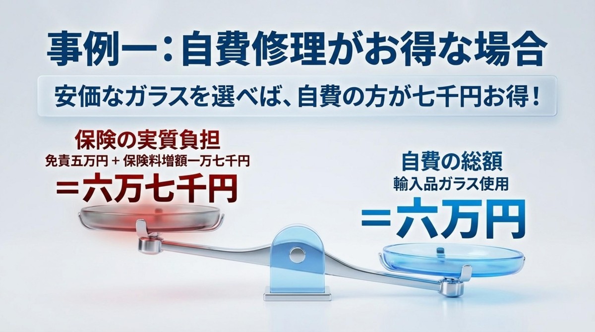 事例1:自費修理がお得なケース 輸入品ガラスを使用した自費修理が、保険の実質負担より7000円お得になる事例