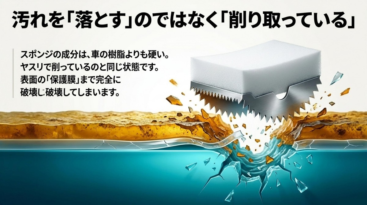 スポンジがヘッドライト表面の保護膜を削り取るメカニズム
