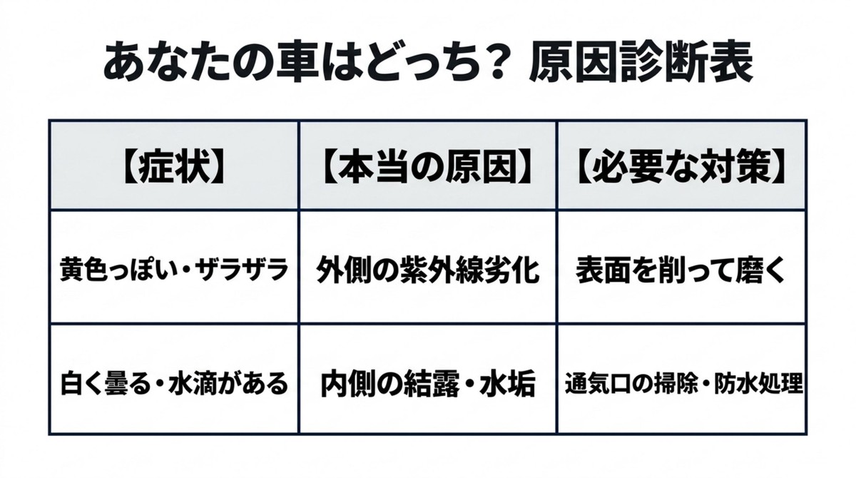ヘッドライトの症状が黄色っぽいか白く曇るかによる原因診断と必要な対策表