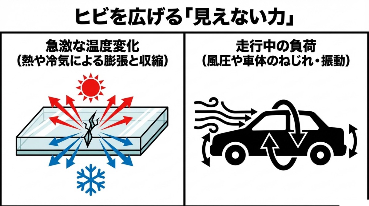 急激な温度変化や走行中の物理的負荷によるヒビ拡大のメカニズム