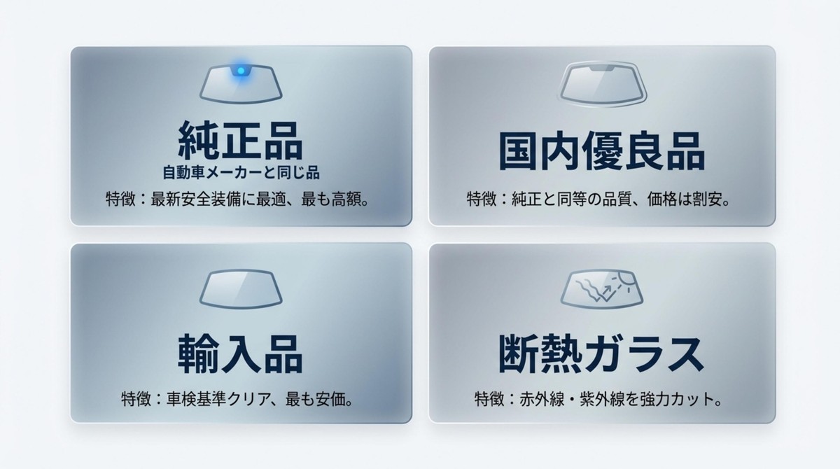 交換用フロントガラスの種類と特徴 純正品、国内優良品、輸入品、断熱ガラスの特徴を比較