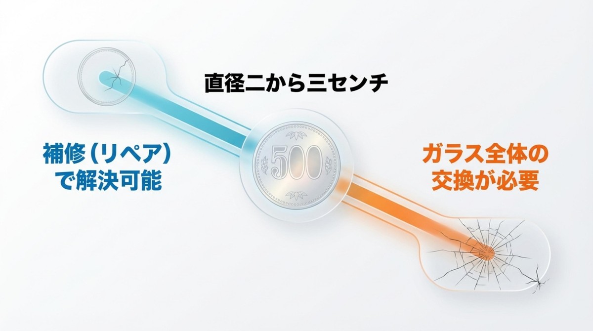リペアか交換か?大きさの境界線 500円玉サイズの傷ならリペア可能、それ以上なら交換が必要という基準