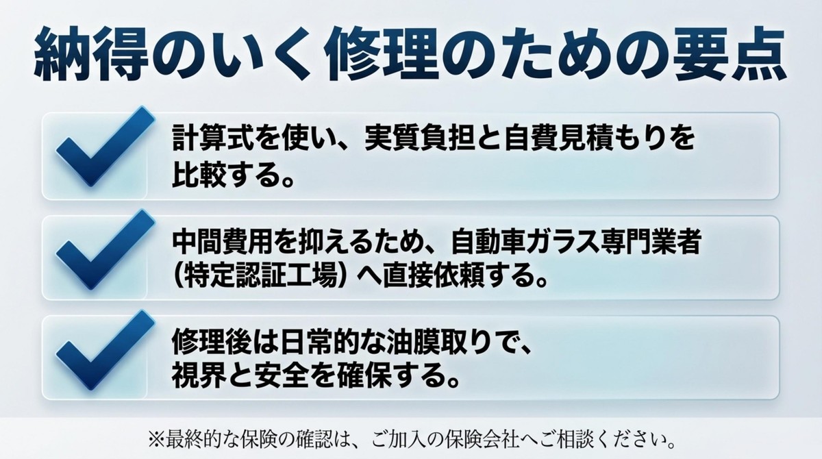 納得のいく修理のための要点 実質負担の比較、特定認証工場への依頼、日常的な油膜取りなどの要点まとめ