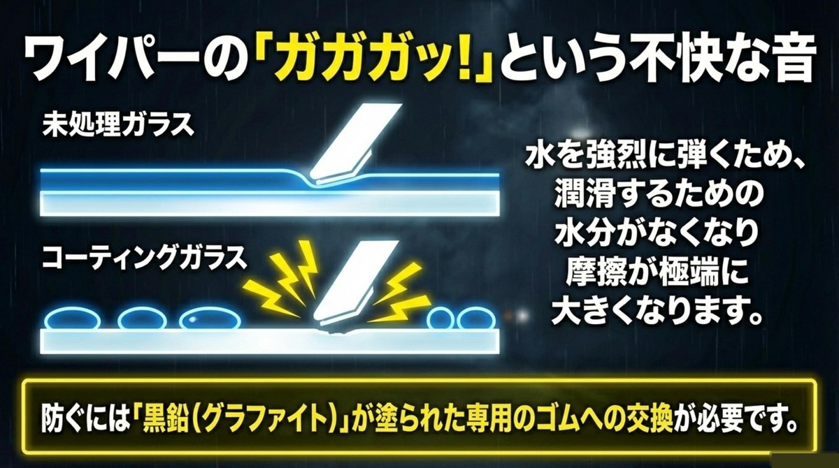 水を強烈に弾くため潤滑する水分がなくなり摩擦が大きくなることで発生するワイパーの不快な音