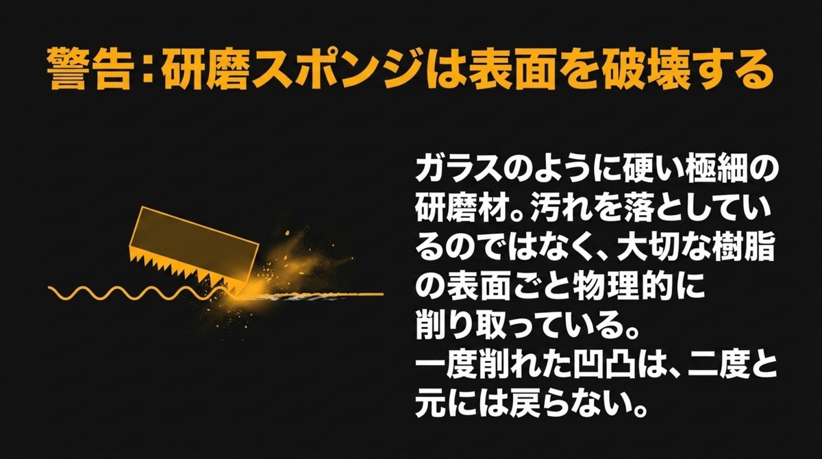 極細の研磨材である研磨スポンジが、樹脂表面のシボごと物理的に削り取ってしまう図解