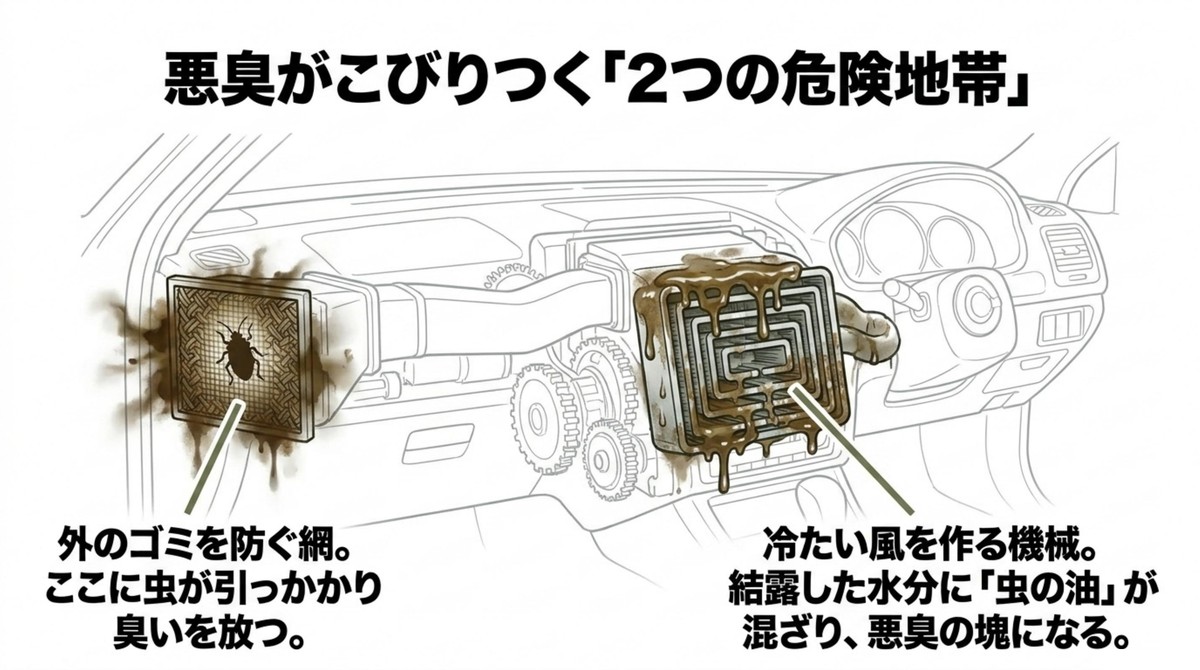 車のダッシュボード内部にあるフィルターとエバポレーターが汚染されている図解