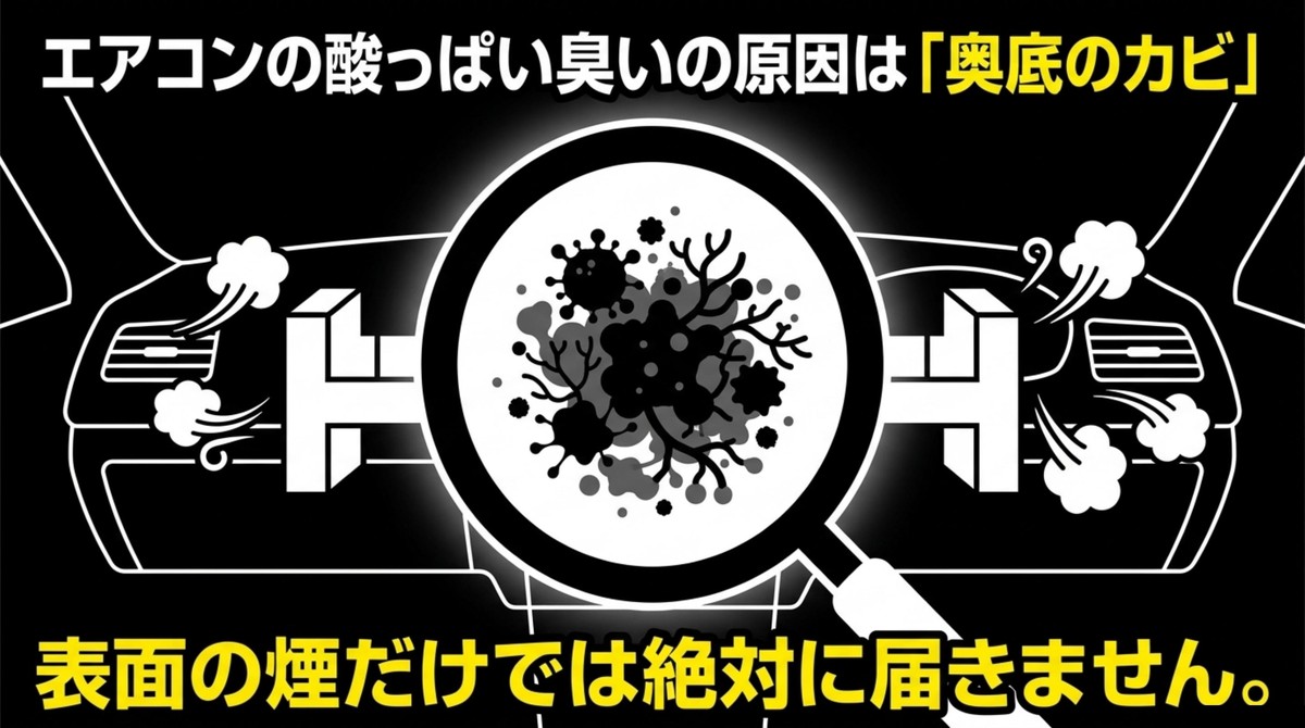 エアコンの酸っぱい臭いの原因がエバポレーターの奥底にあるカビであることを示す図