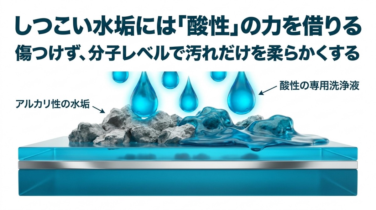 酸性の専用洗浄液がアルカリ性の水垢を分子レベルで柔らかくする仕組み