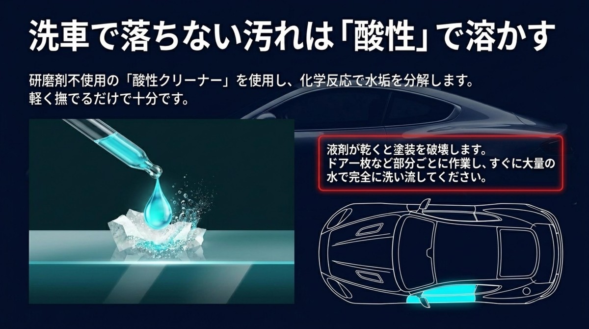 酸性クリーナーの化学反応で水垢を溶かす図解