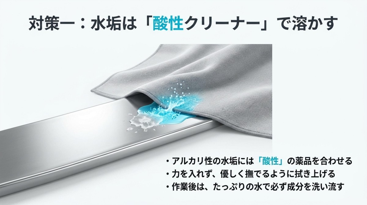 アルカリ性の水垢には酸性の薬品を合わせて優しく撫でるように拭き上げる対策 [cite: 45, 46]