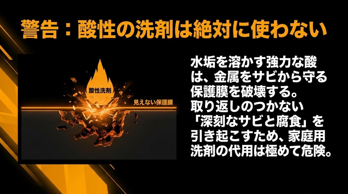 強力な酸性洗剤が金属の保護膜を破壊し、サビと腐食を引き起こす危険性の図解