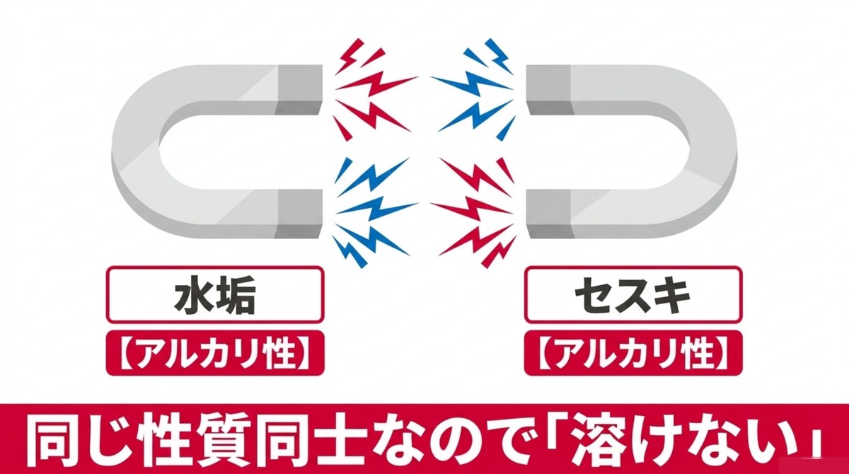 水垢とセスキは同じアルカリ性同士なので中和反応が起こらず汚れが溶けない