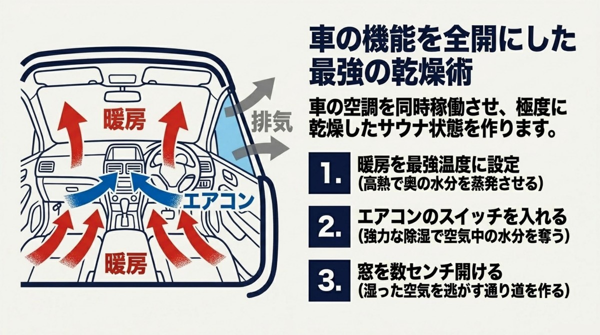 車の暖房とエアコンを同時稼働させて車内を乾燥させる最強の乾燥術