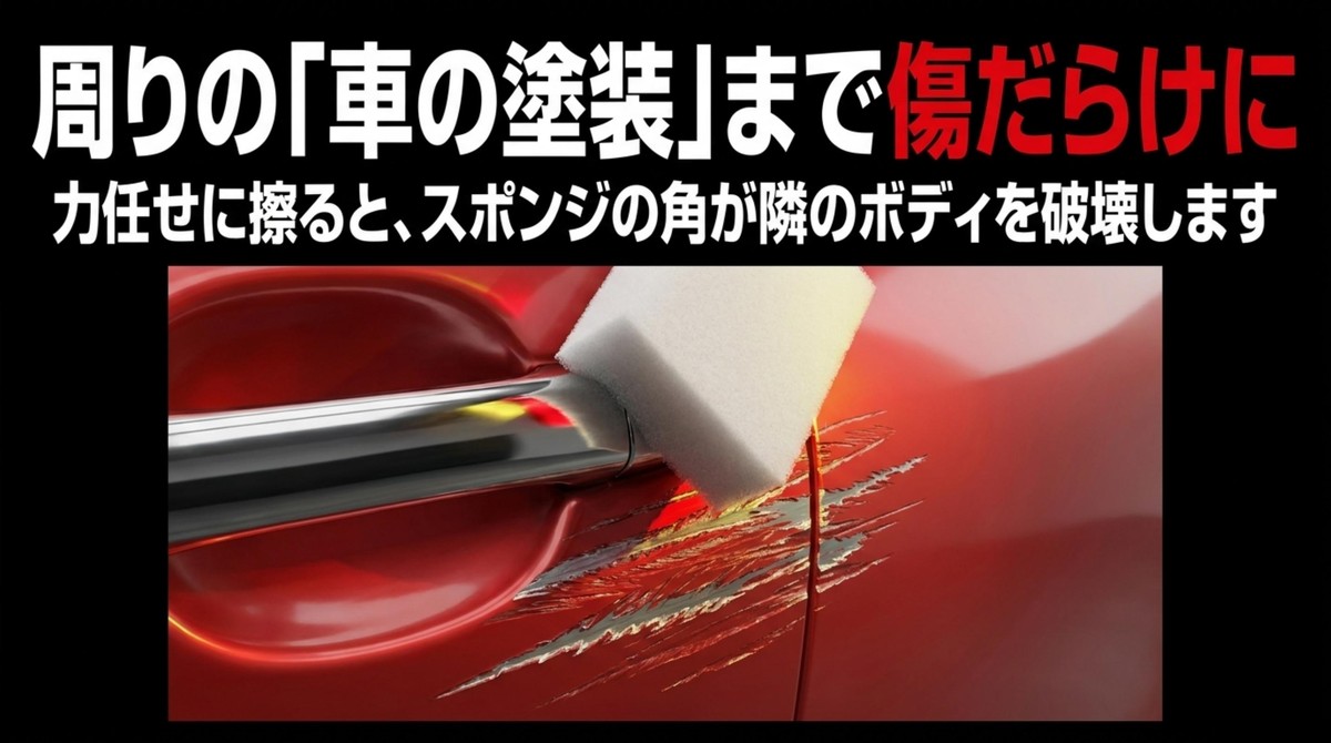 メッキ周辺の車の塗装まで傷だらけにしてしまう様子