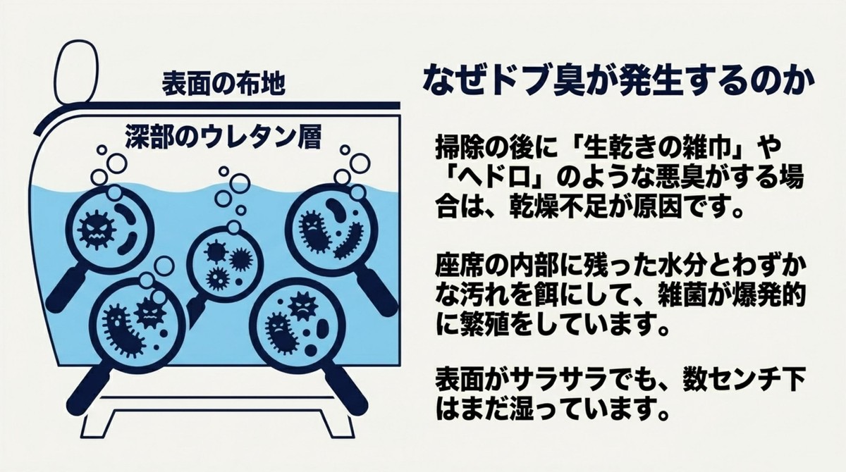 乾燥不足によりシート内部で雑菌が繁殖しドブ臭が発生するメカニズム